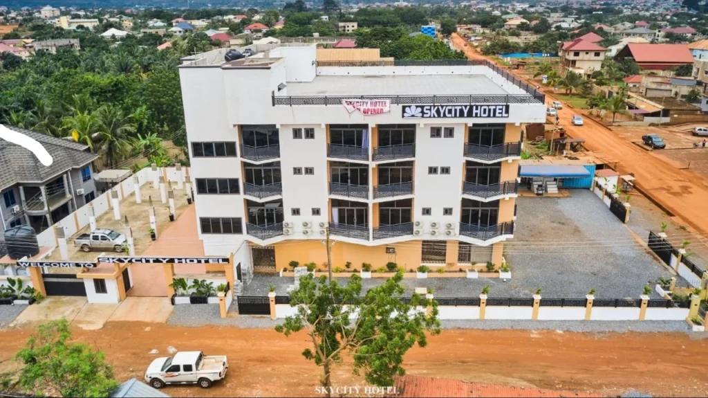 Wide aerial view of Skycity Hotel near Dodowa Road, Accra