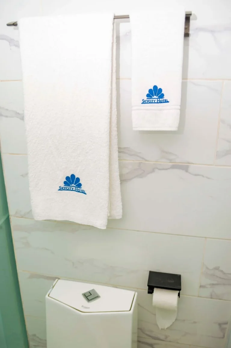 Skycity Hotel branded towels in an en-suite bathroom