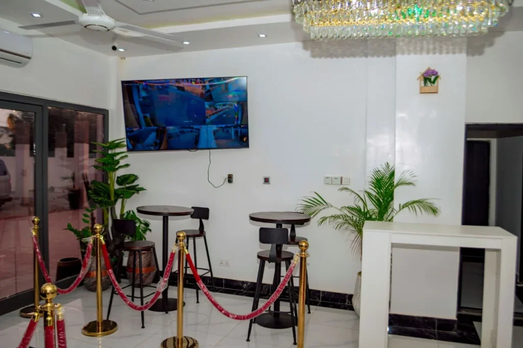 Lobby lounge with bar tables at Skycity Hotel