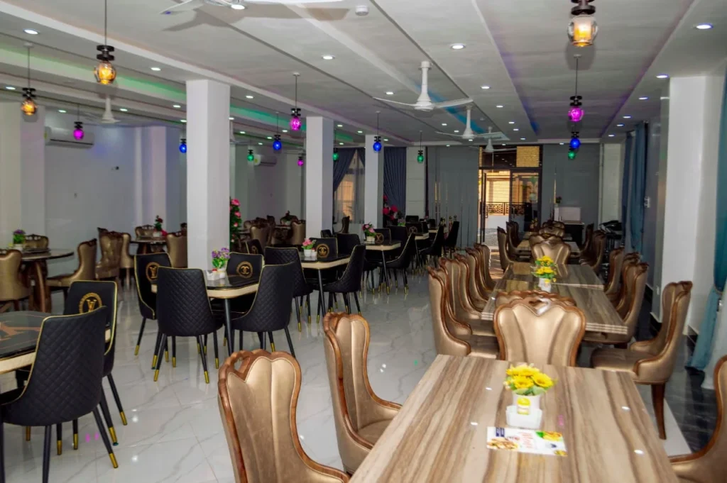 Long marble dining tables in the Skycity Hotel restaurant